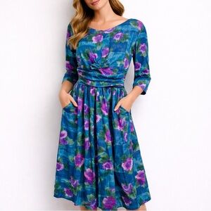 Vintage Jonathan Logan 80s Floral Flowy Pleated Midi Dress Teal Purple